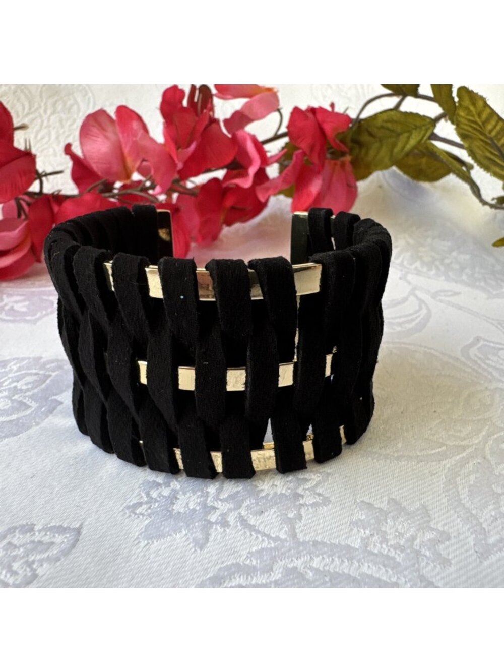 Victoria's Secret Black Velvet Braided Bracelet Jewelry Goldtone Cuff Bangle NEW